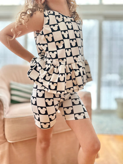 Kids Handcrafted Monochrome Mouse Checks Flutter Tank & Optional Bottoms