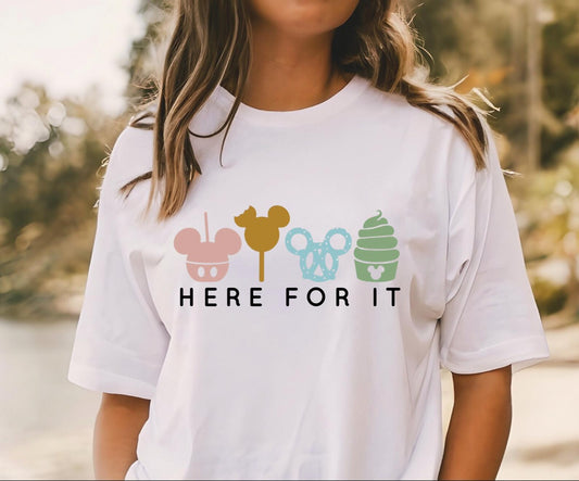 Here for it Snacks & Drinks Family Graphic Tee