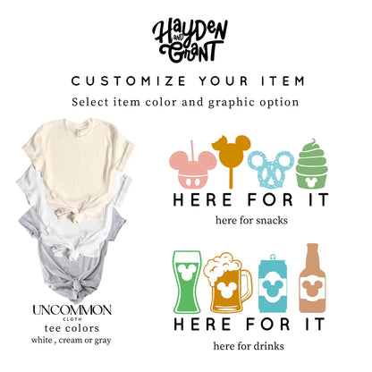 Here for it Snacks & Drinks Family Graphic Tee