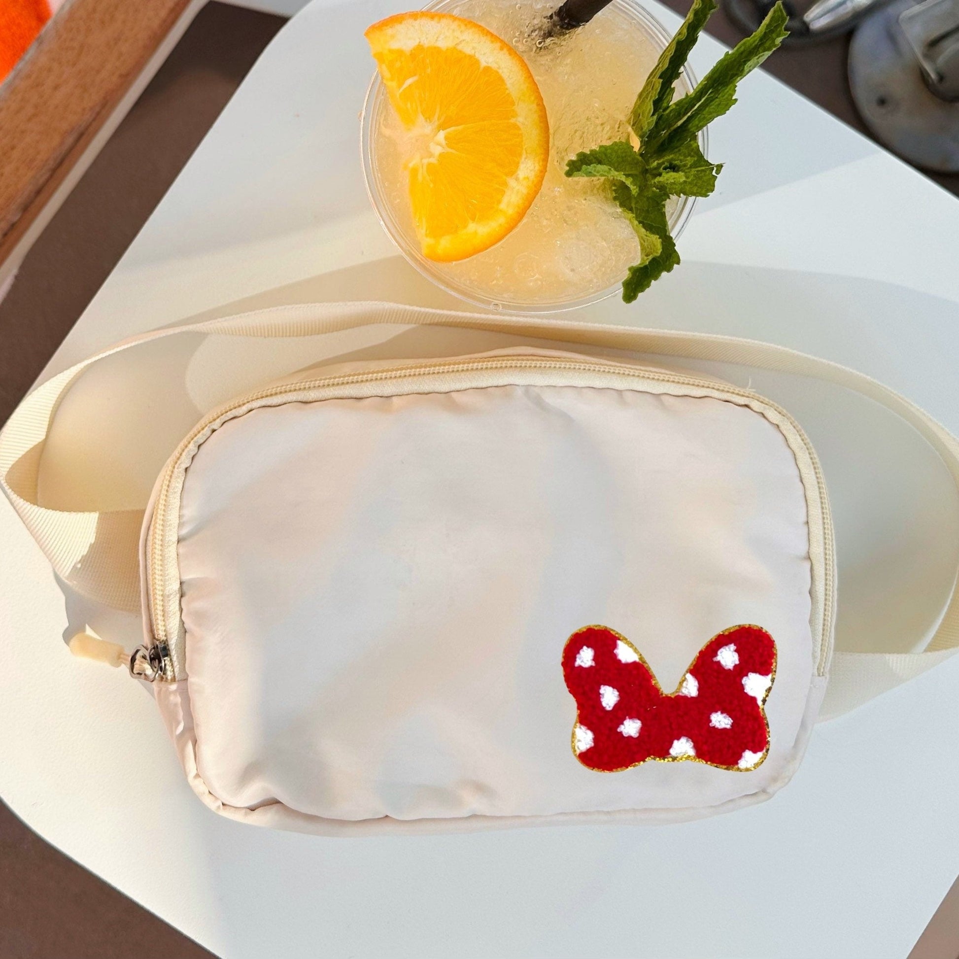 Disney Fanny Pack with Minnie bow Patch, Disney Belt Bag, Crossbody Park Bag, Travel Bag, Chenille Patches