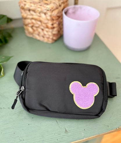 Disney Fanny Pack with Minnie bow Patch, Disney Belt Bag, Crossbody Park Bag, Travel Bag, Chenille Patches