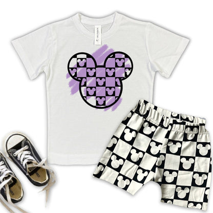 Monochrome Mickey Checkered Kids Tee, Disney Set, Disney Vacation Tee for kids, toddler & baby Disney Outfit, Boys Disney Set Outfit