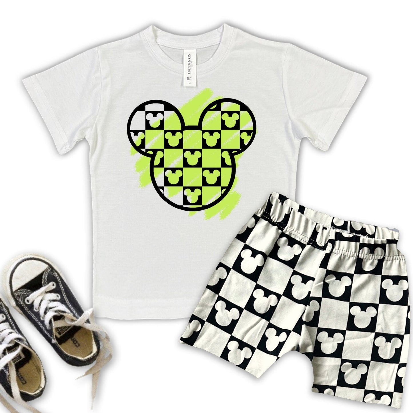 Monochrome Mickey Checkered Kids Tee, Disney Set, Disney Vacation Tee for kids, toddler & baby Disney Outfit, Boys Disney Set Outfit