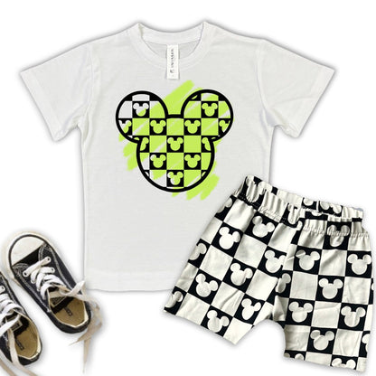 Monochrome Mickey Checkered Kids Tee, Disney Set, Disney Vacation Tee for kids, toddler & baby Disney Outfit, Boys Disney Set Outfit