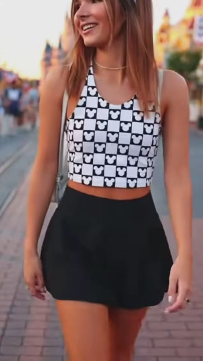 Girls Mouse Checkered Performance Seamless Tank + Skirt Set