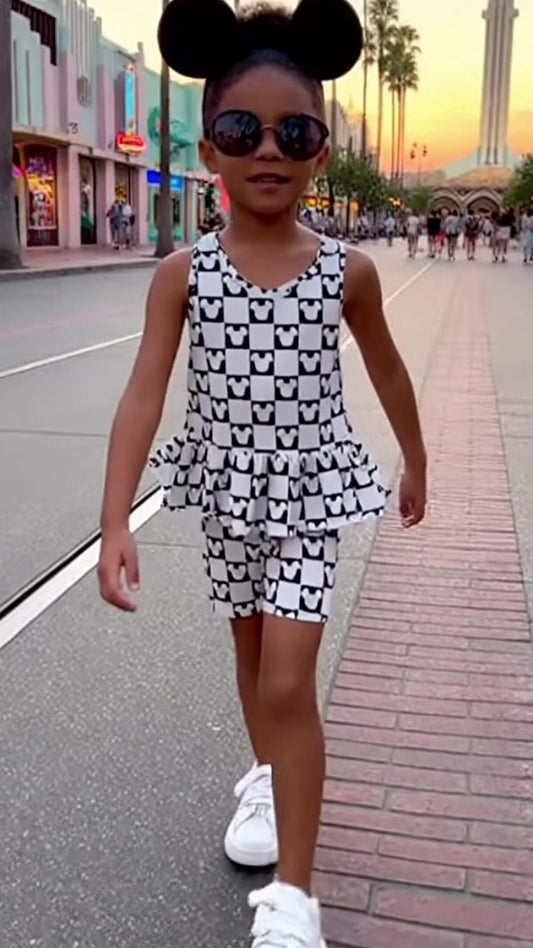 Kids Handcrafted Monochrome Mouse Checks Flutter Tank & Optional Bottoms